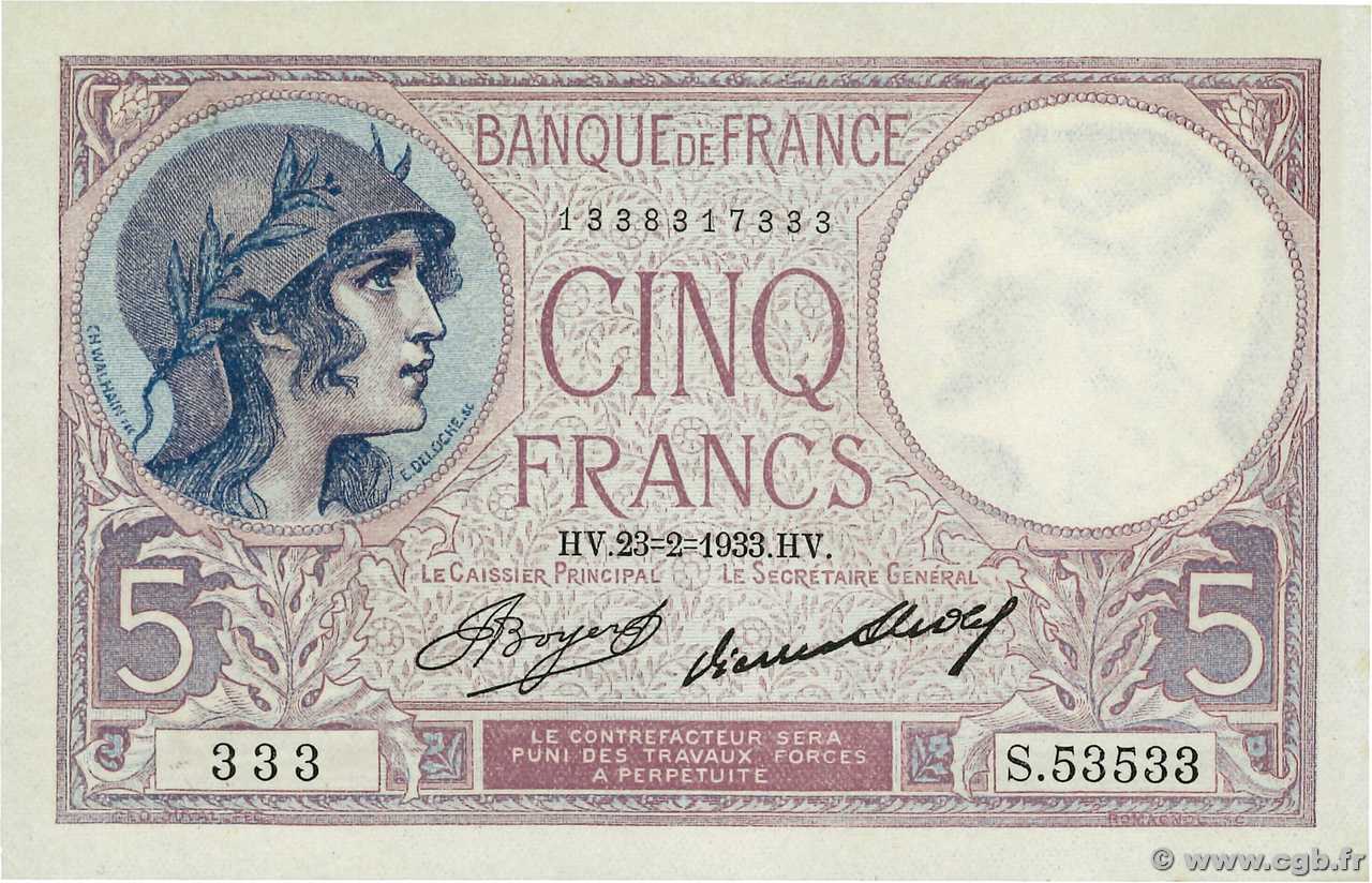 5 Francs FEMME CASQUÉE Numéro spécial FRANCE  1933 F.03.17 pr.NEUF