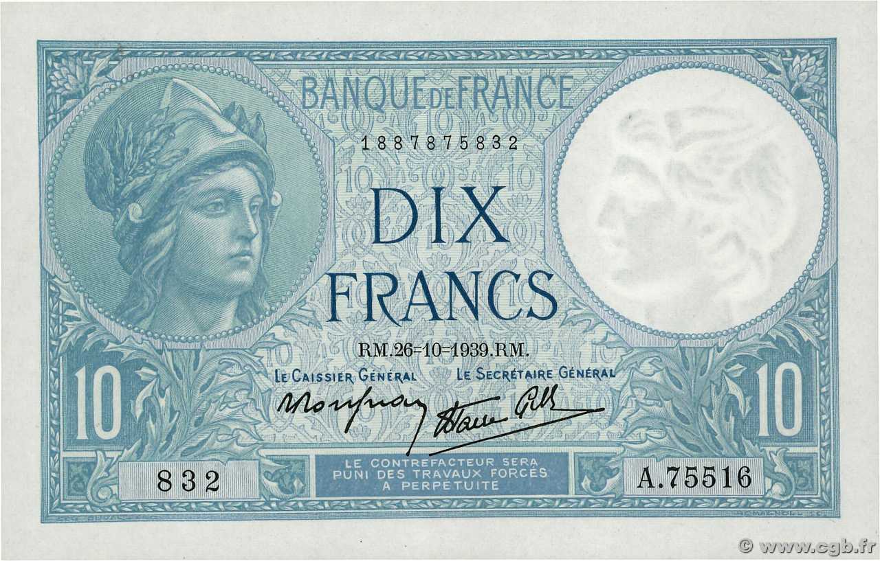 10 Francs MINERVE modifié FRANCIA  1939 F.07.13 AU+
