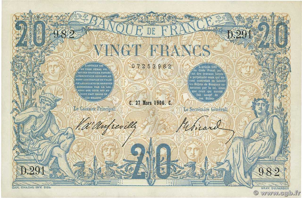 20 Francs BLEU FRANCIA  1906 F.10.01 MBC+