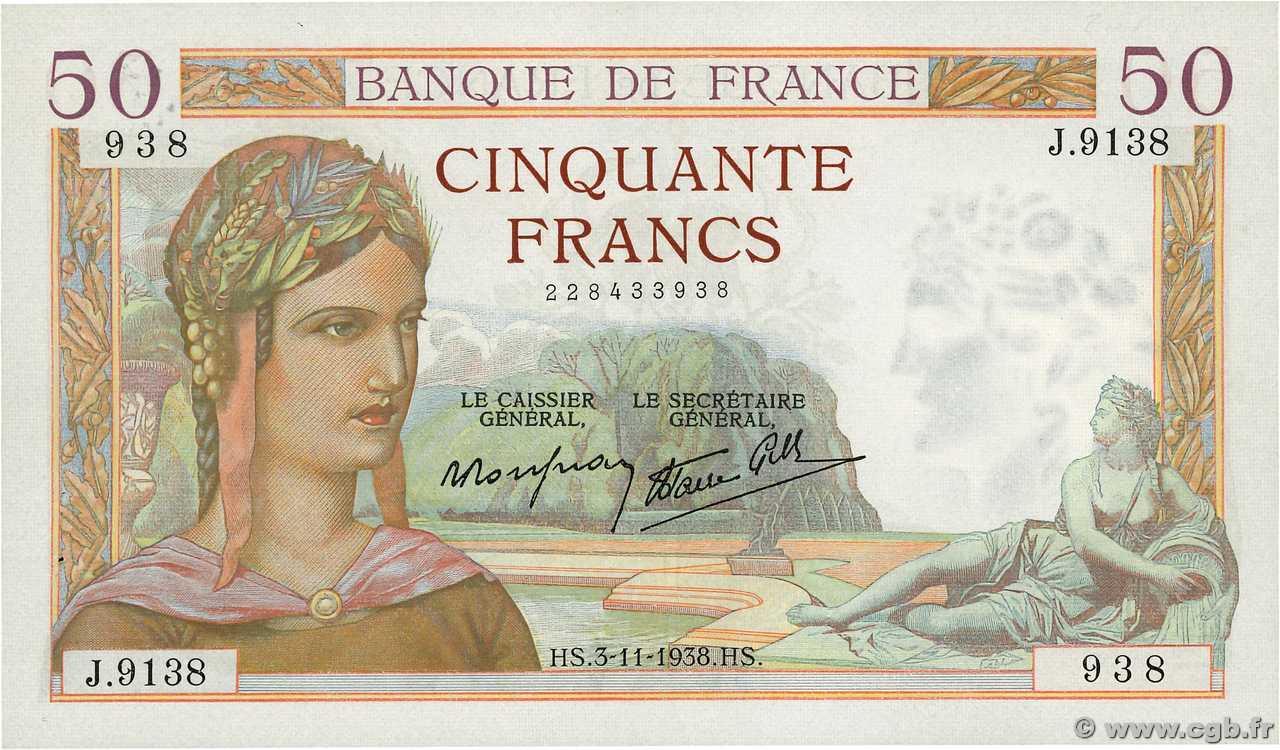 50 Francs CÉRÈS modifié FRANKREICH  1938 F.18.18 VZ+