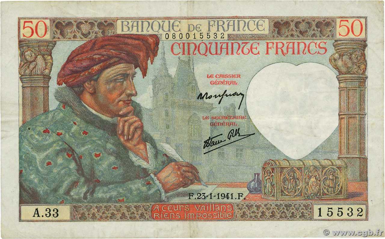 50 Francs JACQUES CŒUR FRANCE  1941 F.19.05 pr.TTB