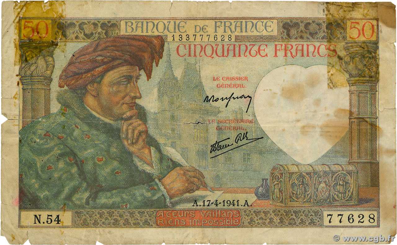 50 Francs JACQUES CŒUR FRANCIA  1941 F.19.08 q.B