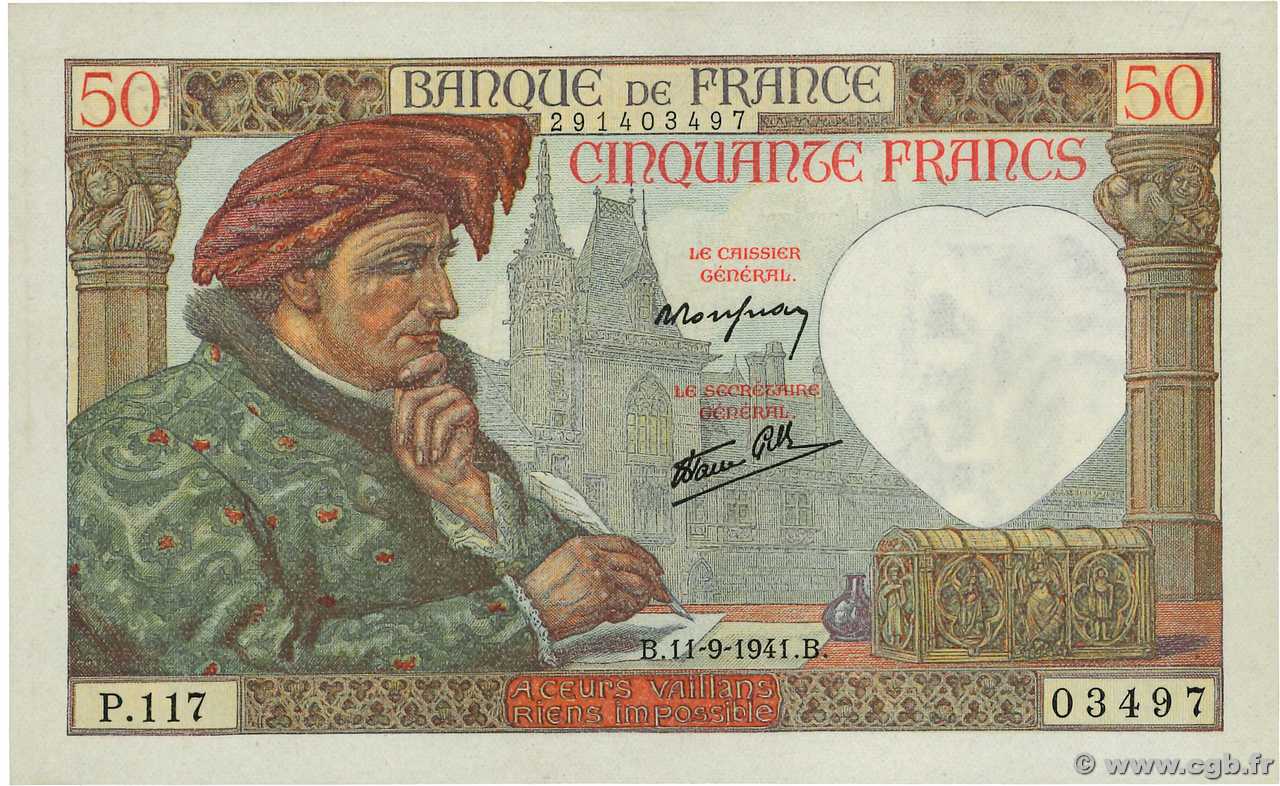 50 Francs JACQUES CŒUR FRANCE  1941 F.19.14 UNC-