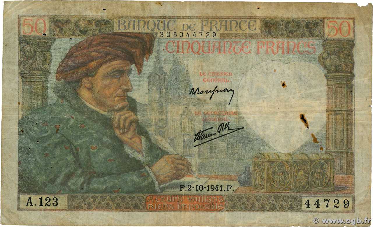 50 Francs JACQUES CŒUR FRANCE  1941 F.19.15 G