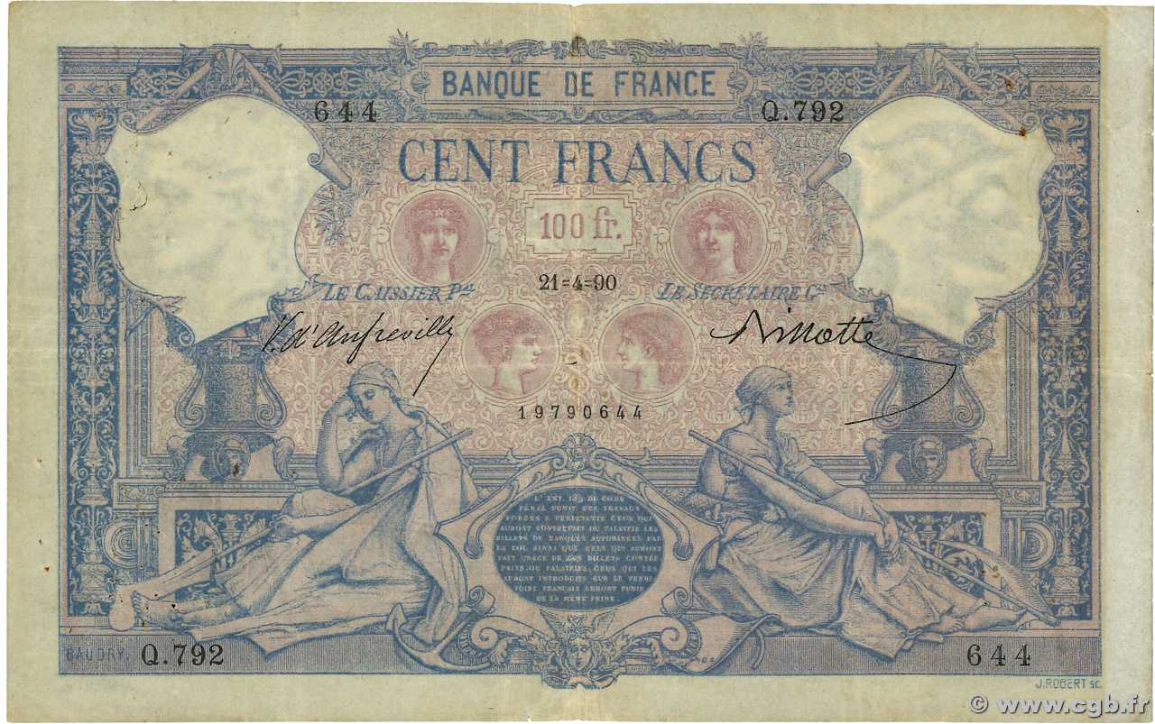 100 Francs BLEU ET ROSE FRANCIA  1890 F.21.03 BC