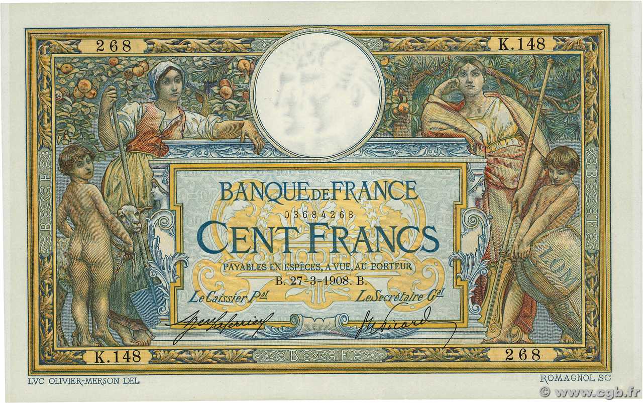 100 Francs LUC OLIVIER MERSON avec LOM FRANCIA  1908 F.22.01 EBC+