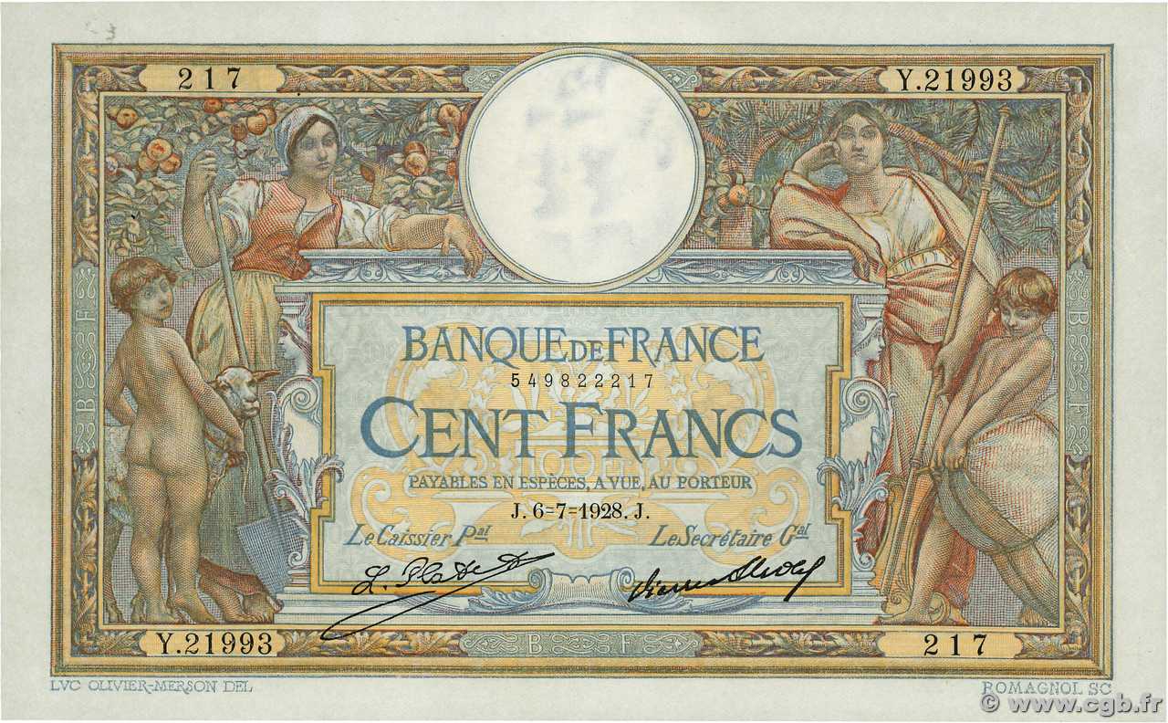 100 Francs LUC OLIVIER MERSON grands cartouches FRANCE  1928 F.24.07 pr.SPL