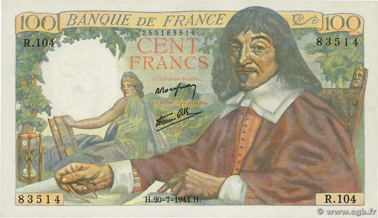 100 Francs DESCARTES FRANCE  1944 F.27.06 AU+
