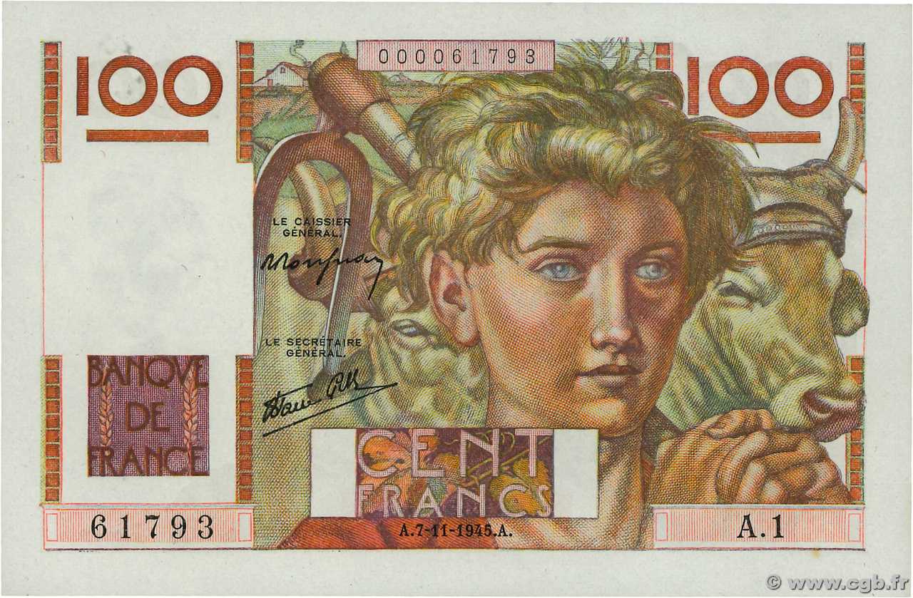 100 Francs JEUNE PAYSAN FRANCIA  1945 F.28.01A1 q.FDC