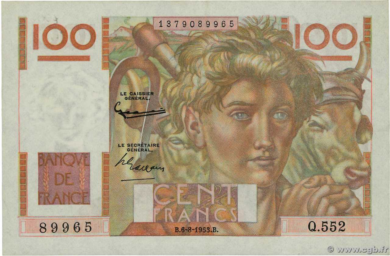 100 Francs JEUNE PAYSAN filigrane inversé FRANCE  1952 F.28bis.02 AU
