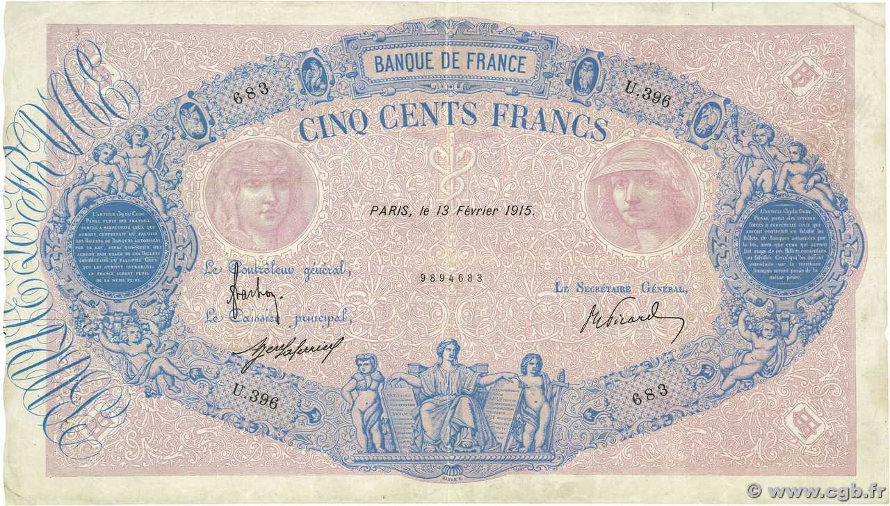 500 Francs BLEU ET ROSE FRANCE  1915 F.30.22 TB+