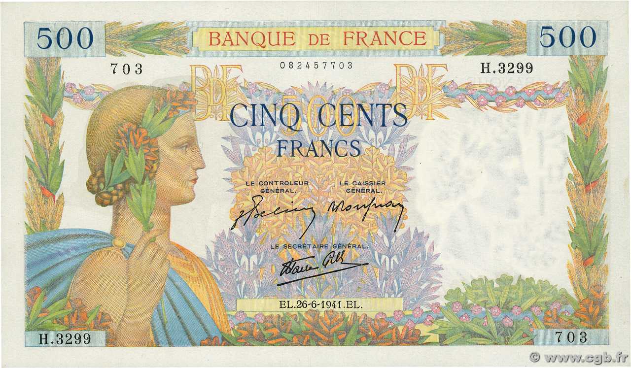 500 Francs LA PAIX FRANKREICH  1941 F.32.19 fST+