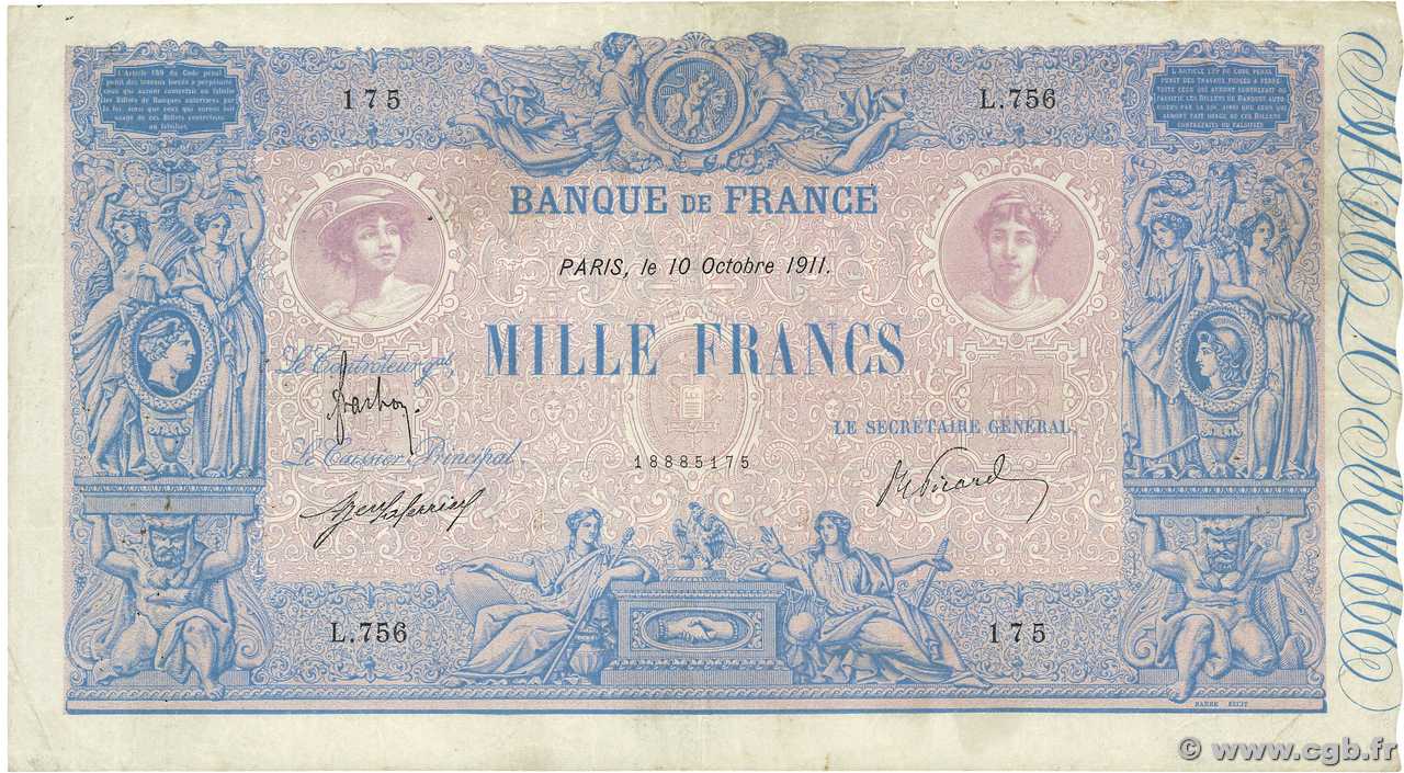 1000 Francs BLEU ET ROSE FRANCE  1911 F.36.25 TB