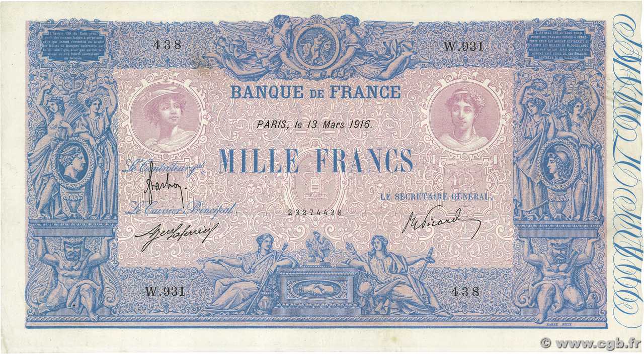 1000 Francs BLEU ET ROSE FRANCIA  1916 F.36.30 q.BB