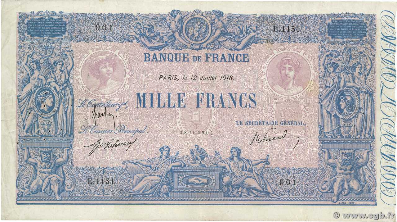 1000 Francs BLEU ET ROSE FRANCE  1918 F.36.32 TB+