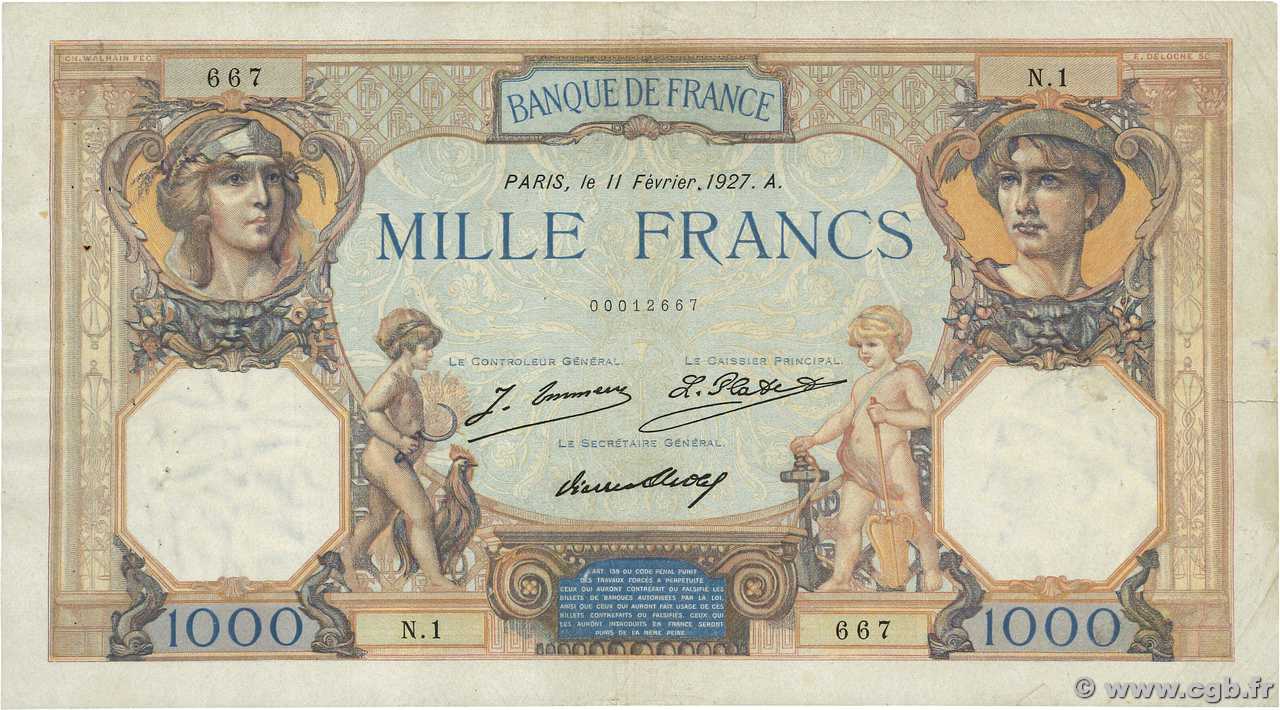 1000 Francs CÉRÈS ET MERCURE Petit numéro FRANCE  1927 F.37.01 F+