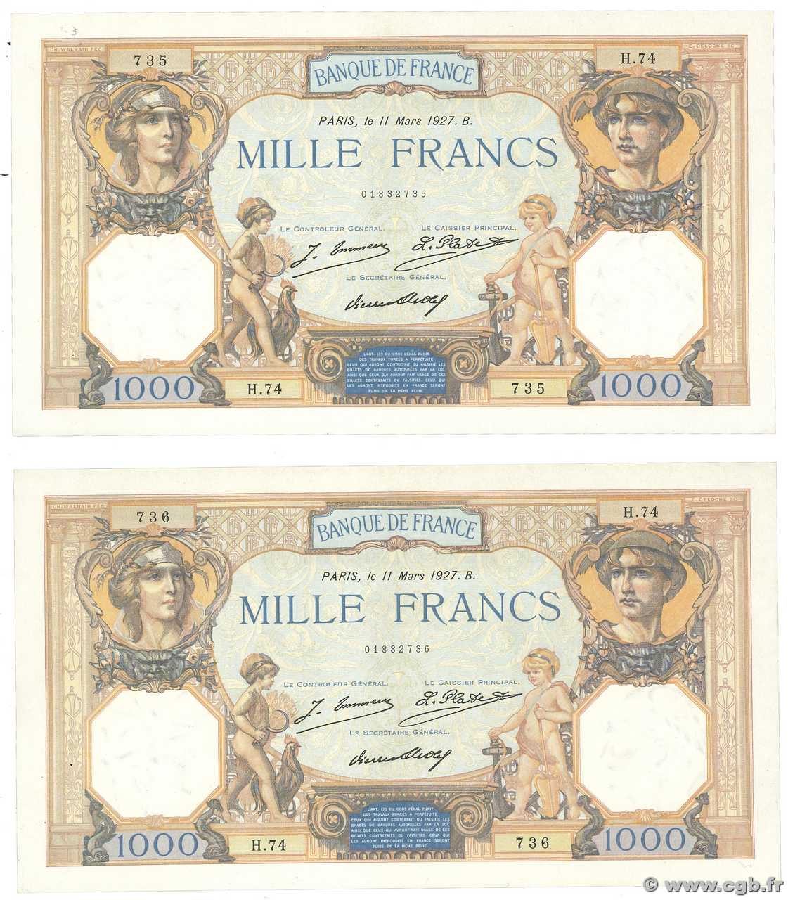 1000 Francs CÉRÈS ET MERCURE Consécutifs FRANKREICH  1927 F.37.01 fVZ