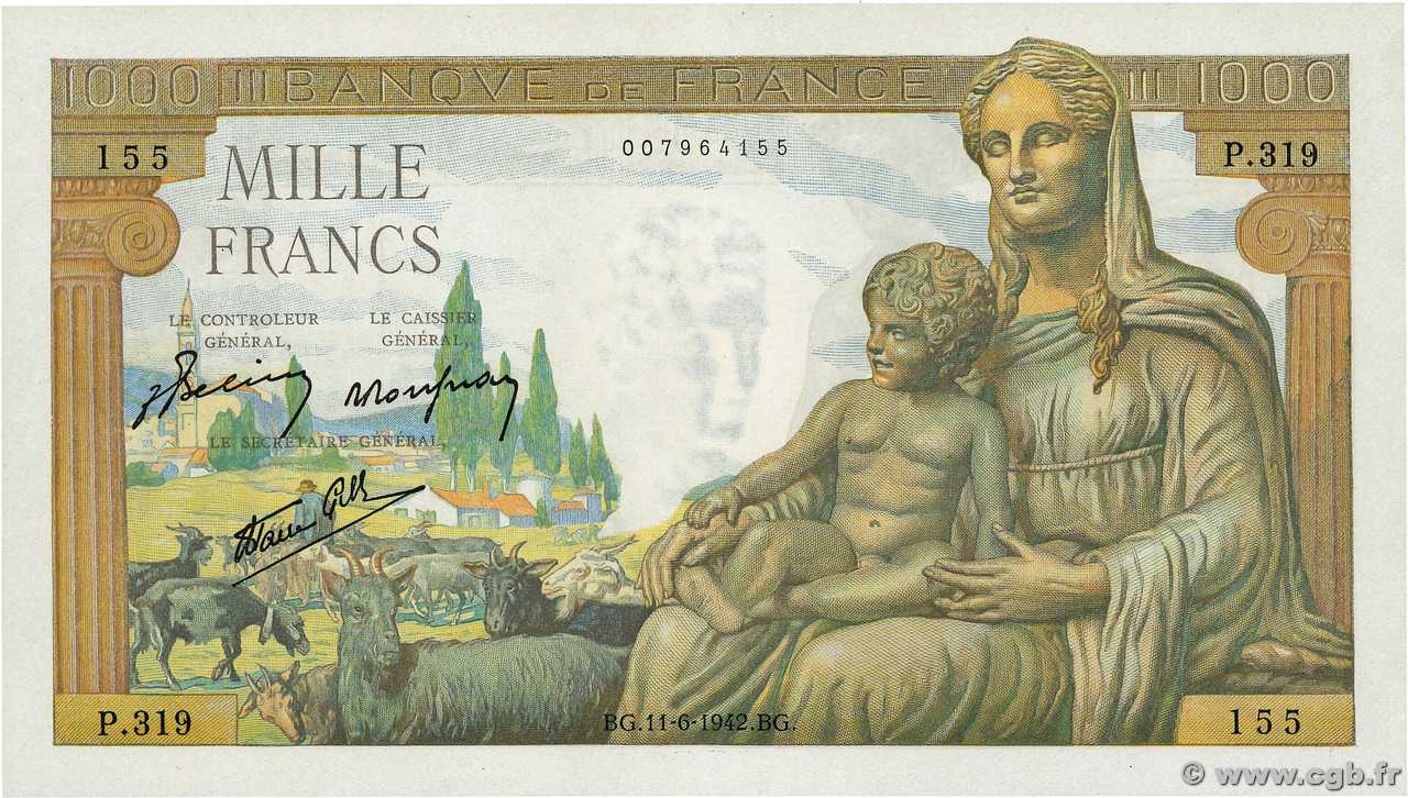 1000 Francs DÉESSE DÉMÉTER FRANCIA  1942 F.40.02 SC+