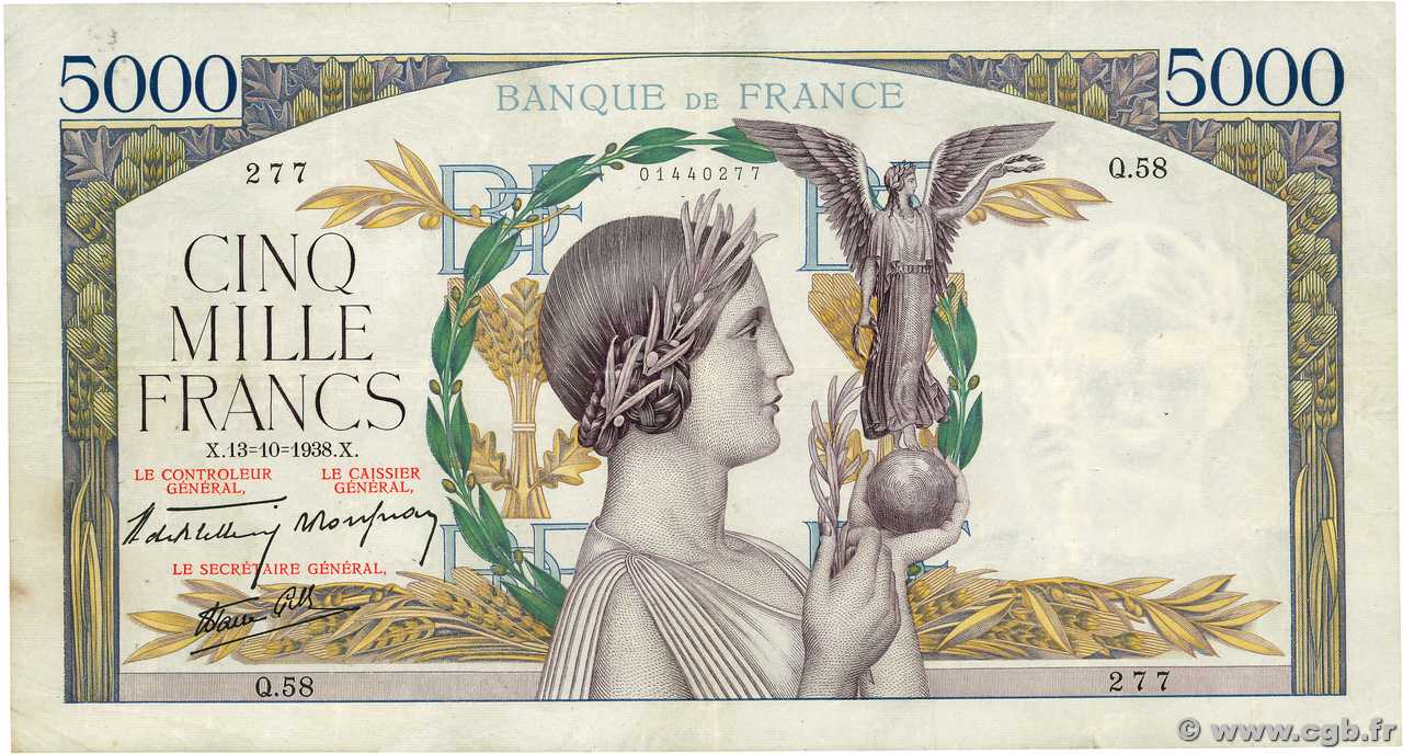 5000 Francs VICTOIRE modifié, taille douce FRANKREICH  1938 F.45.01 S