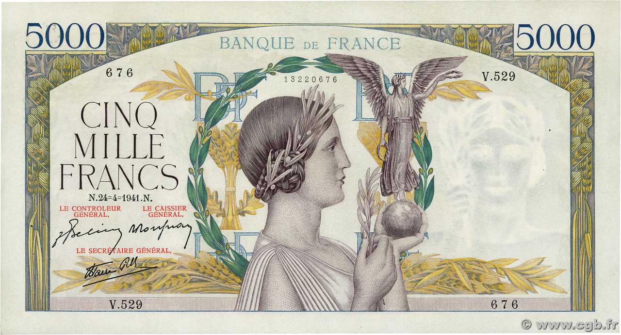 5000 Francs VICTOIRE Impression à plat FRANKREICH  1941 F.46.20 SS