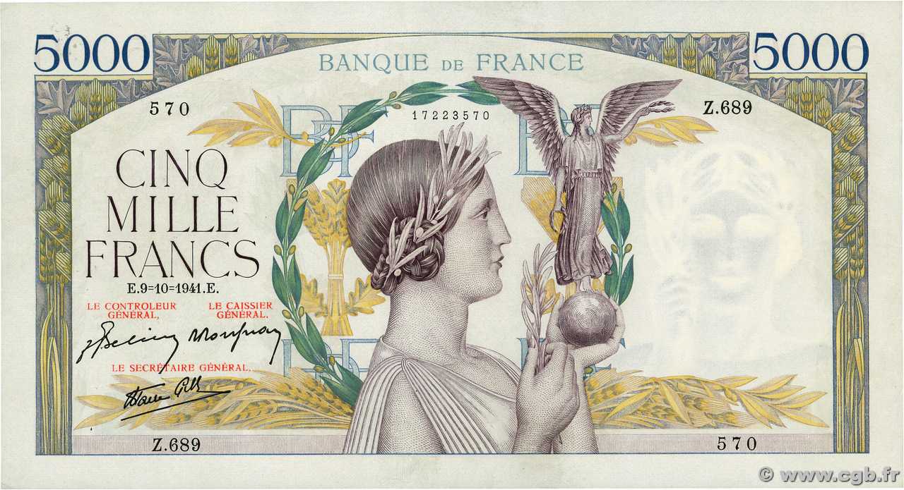 5000 Francs VICTOIRE Impression à plat FRANKREICH  1941 F.46.27 SS