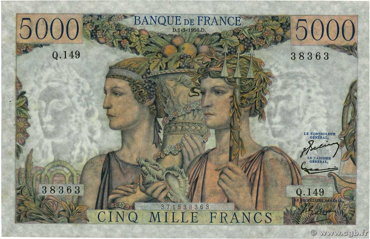 5000 Francs TERRE ET MER FRANKREICH  1956 F.48.11 fST