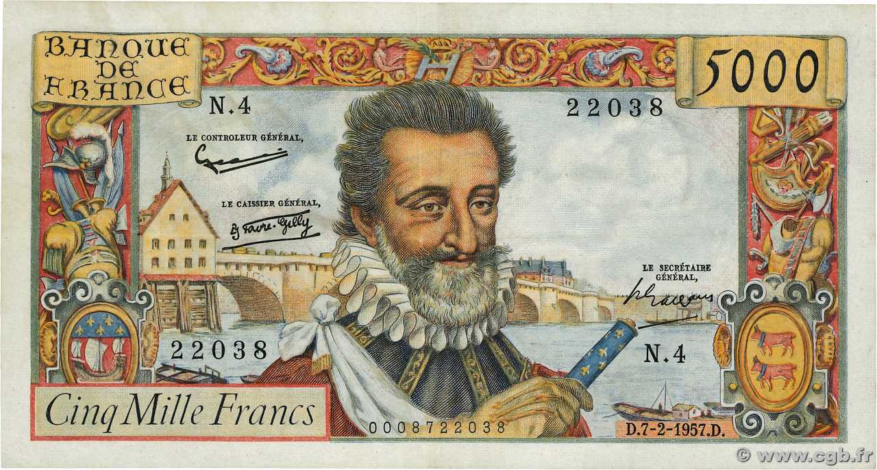 5000 Francs HENRI IV FRANKREICH  1957 F.49.01 fSS