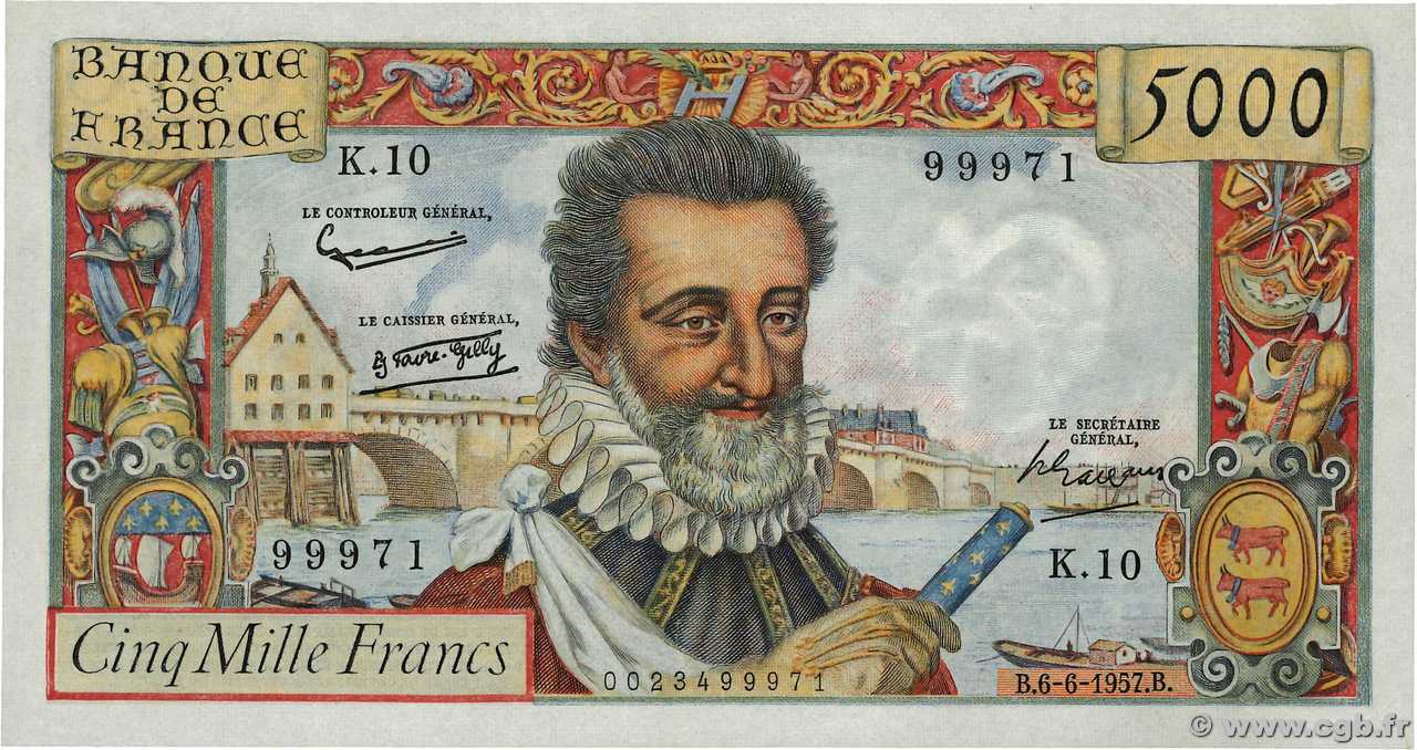 5000 Francs HENRI IV FRANKREICH  1957 F.49.02 fVZ
