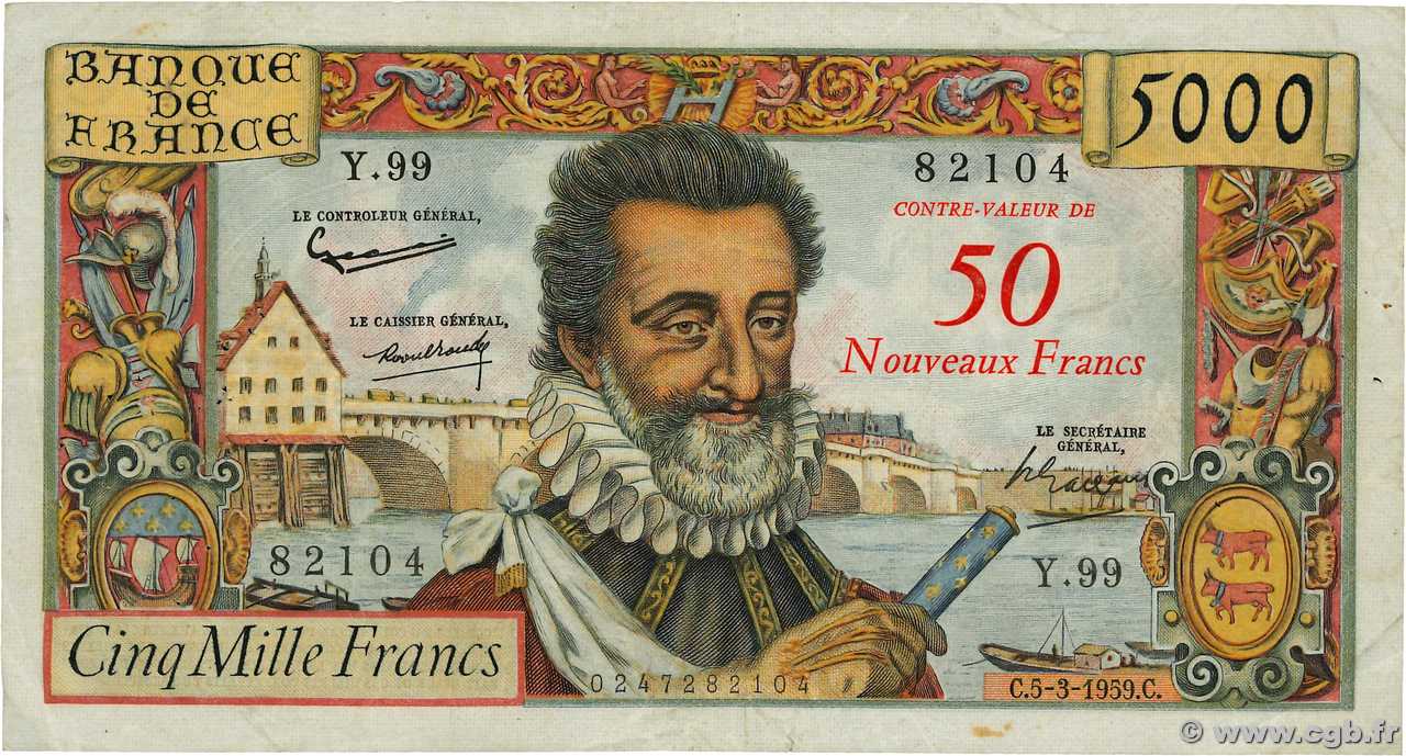 50 NF sur 5000 Francs HENRI IV FRANCE  1959 F.54.02 TB+