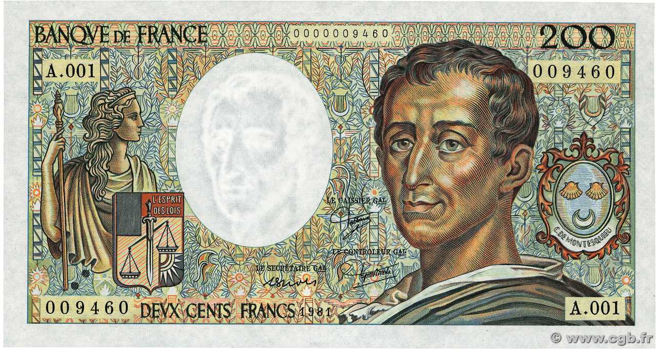 200 Francs MONTESQUIEU Petit numéro FRANCE  1981 F.70.01A1 UNC-