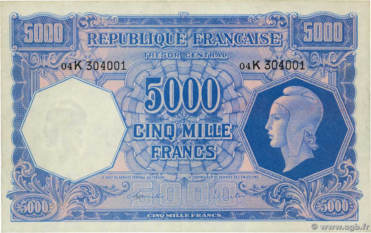5000 Francs MARIANNE FRANCE  1945 VF.14.01 AU-