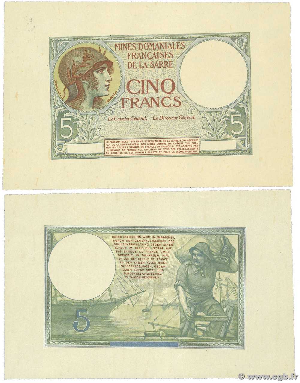 5 Francs MINES DOMANIALES DE LA SARRE Épreuve FRANCIA  1919 VF.52.00Ed FDC