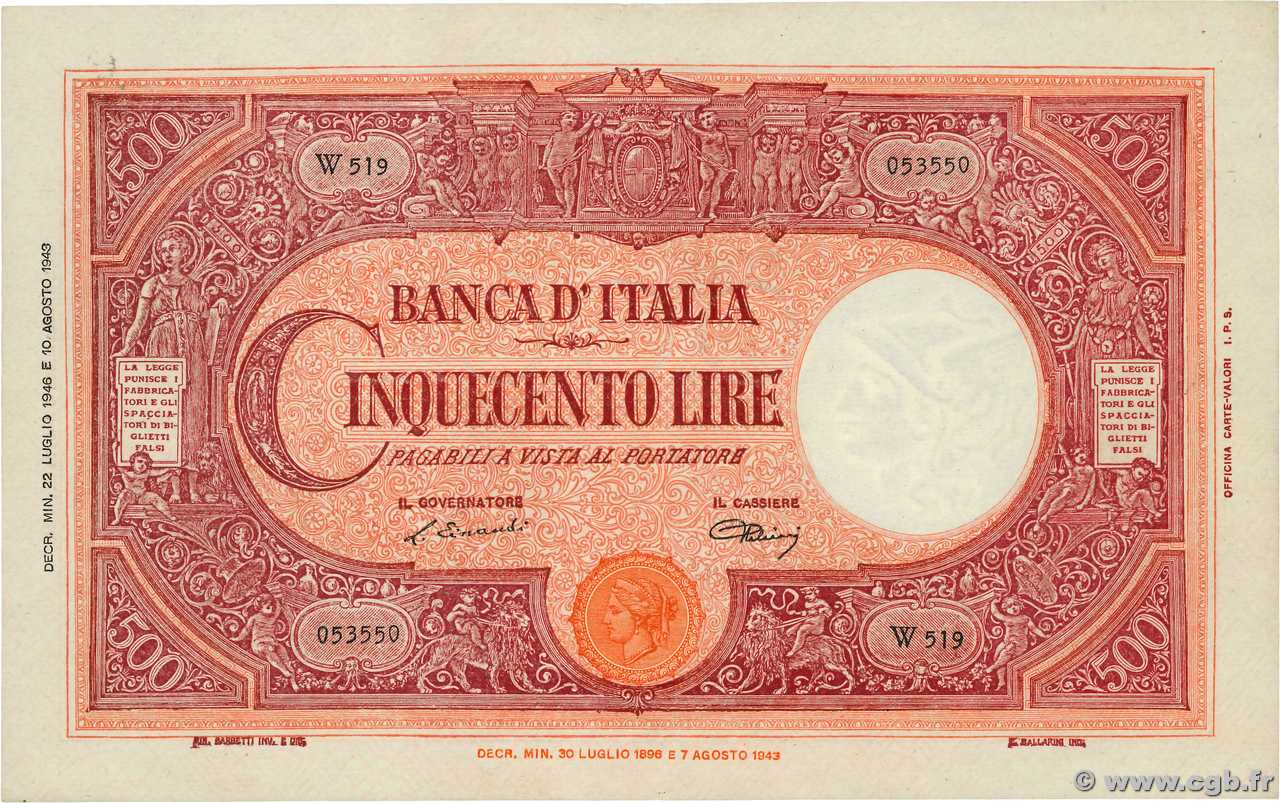 500 Lire ITALIA  1946 P.070d q.SPL