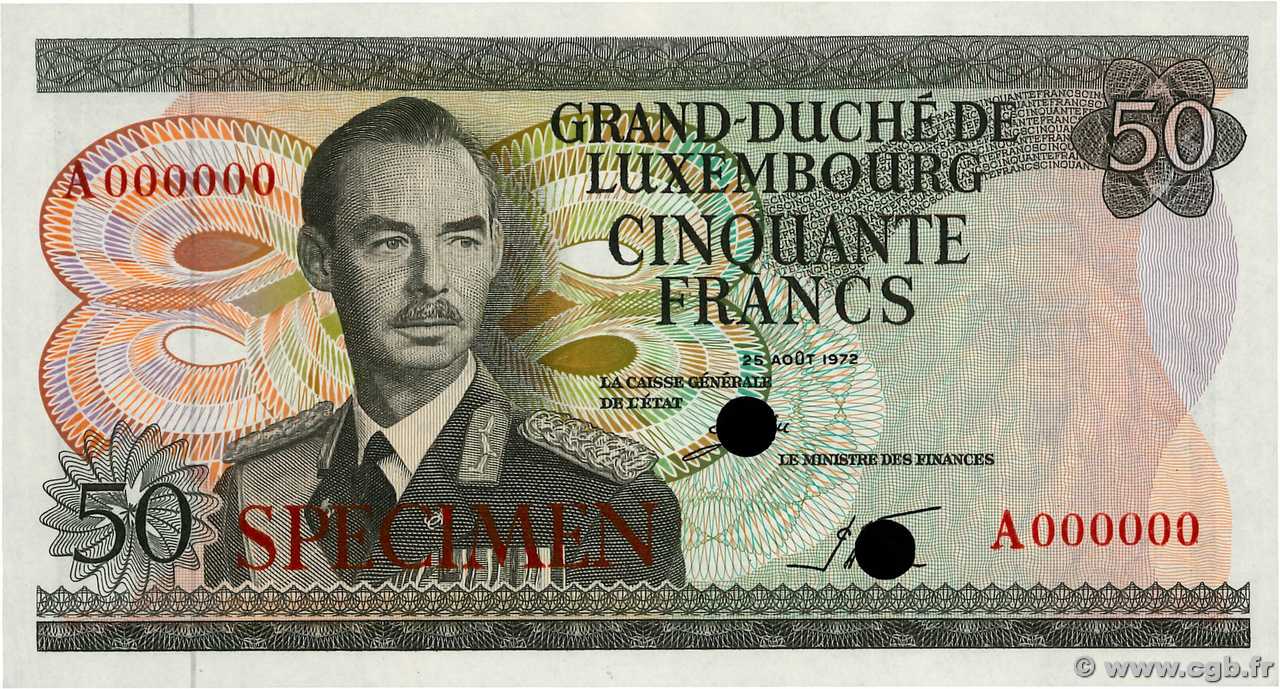50 Francs Spécimen LUXEMBURGO  1972 P.55s FDC