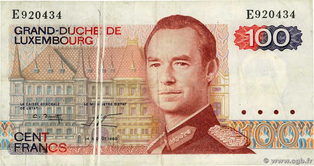 100 Francs Fauté LUSSEMBURGO  1980 P.57b q.SPL