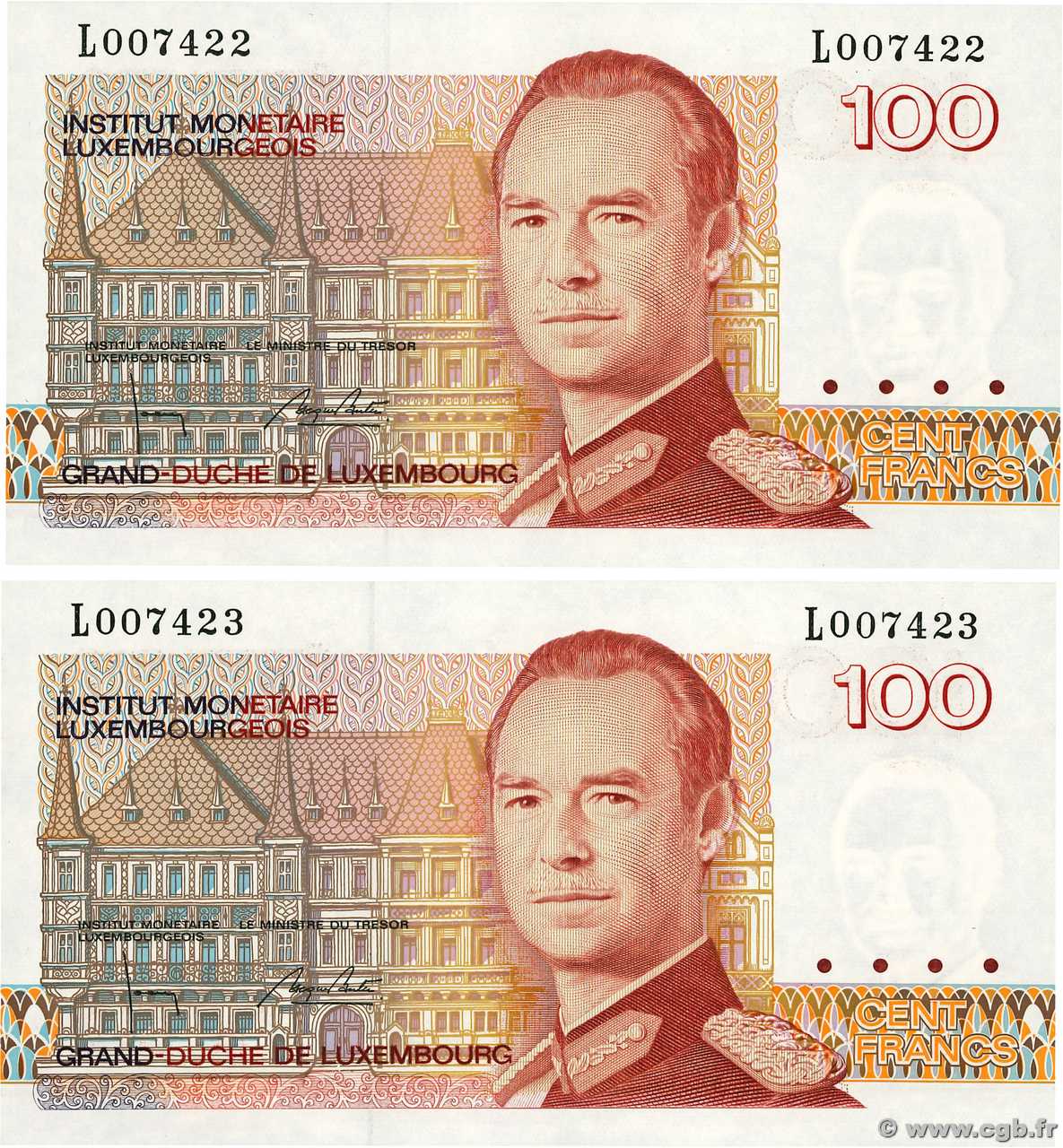 100 Francs Consécutifs LUXEMBOURG  1993 P.58b NEUF