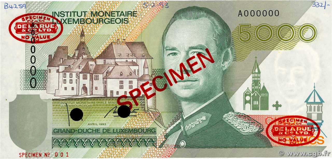 5000 Francs Spécimen LUSSEMBURGO  1993 P.60as q.FDC