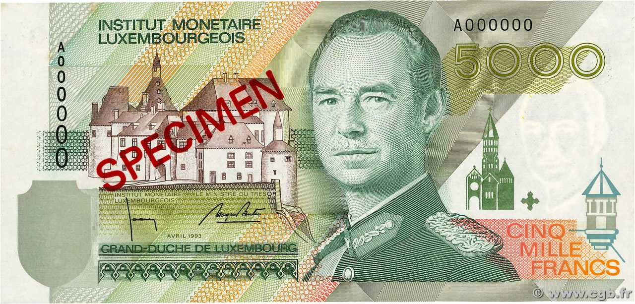 5000 Francs Spécimen LUSSEMBURGO  1993 P.60as FDC