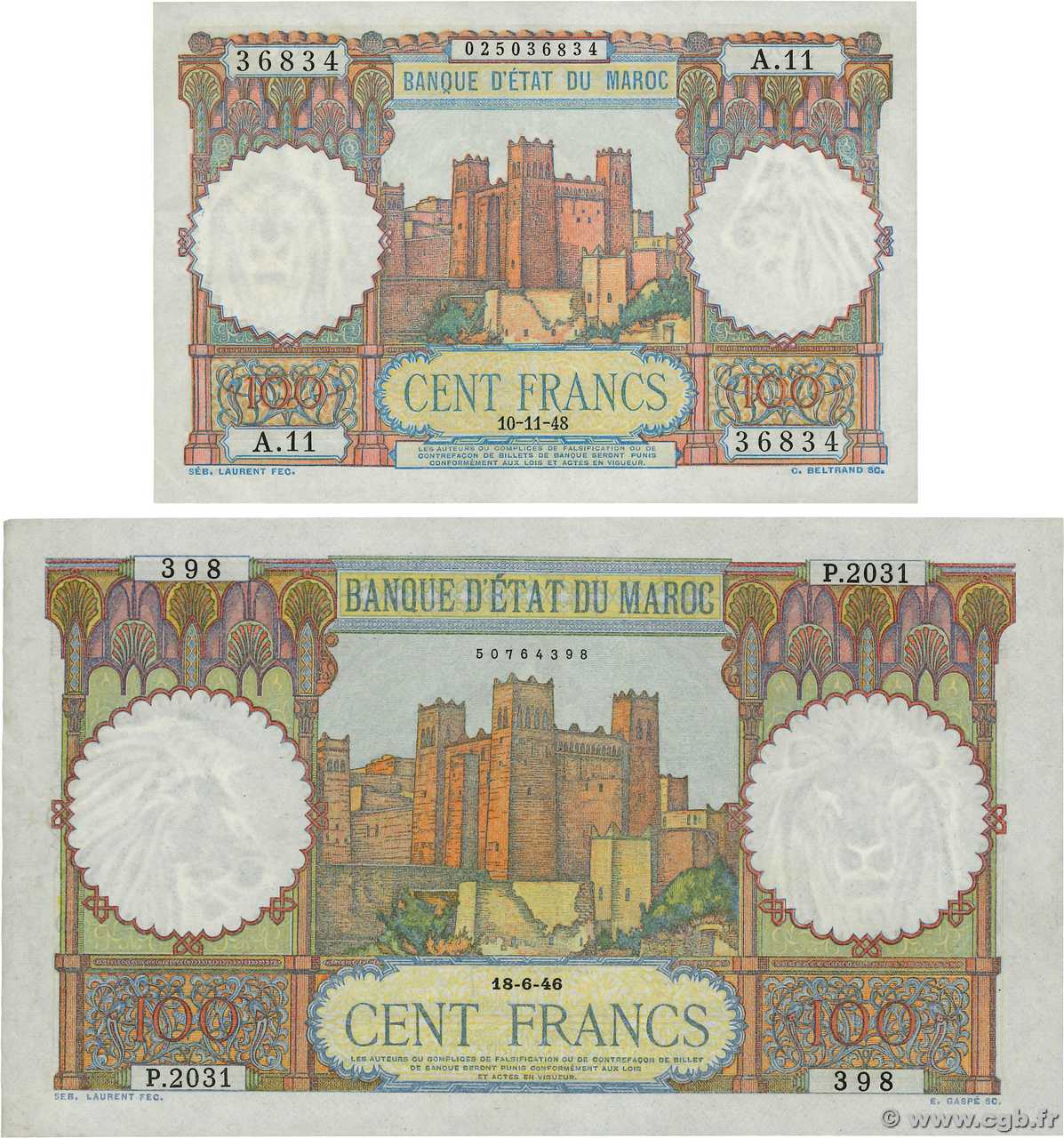 100 Francs Lot MAROC  1946 P.20 et P.45 TTB