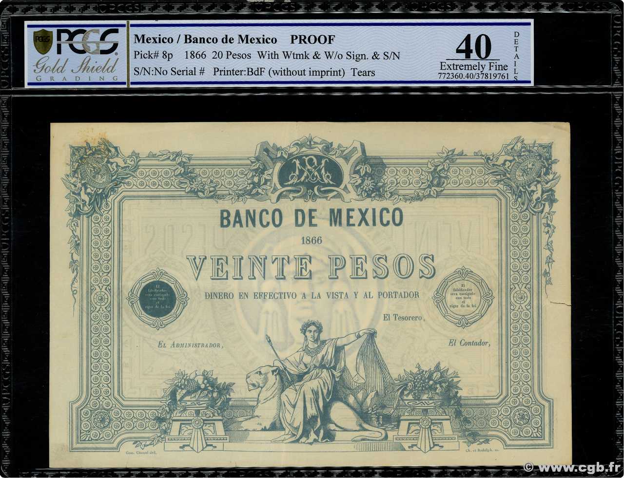 20 Pesos Épreuve MEXICO  1866 P.008p MBC+