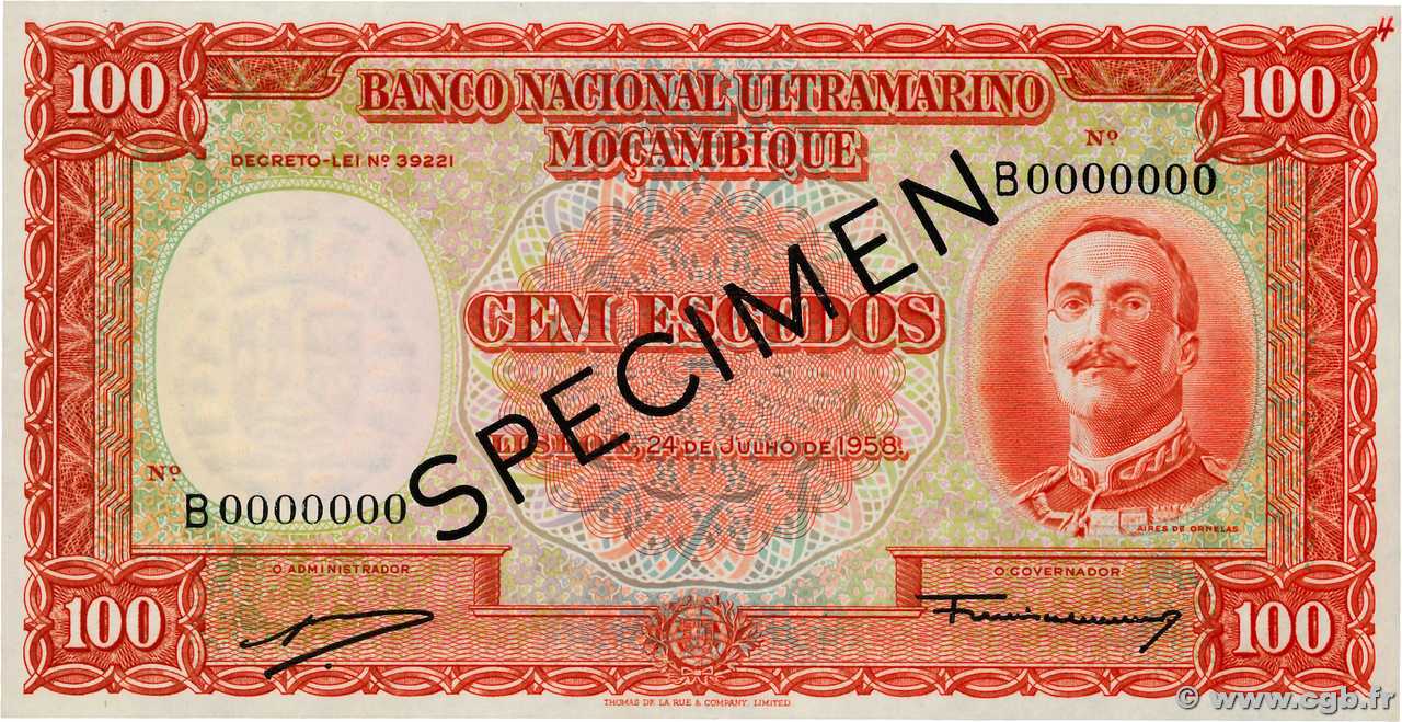100 Escudos Spécimen MOZAMBICO  1958 P.107s AU