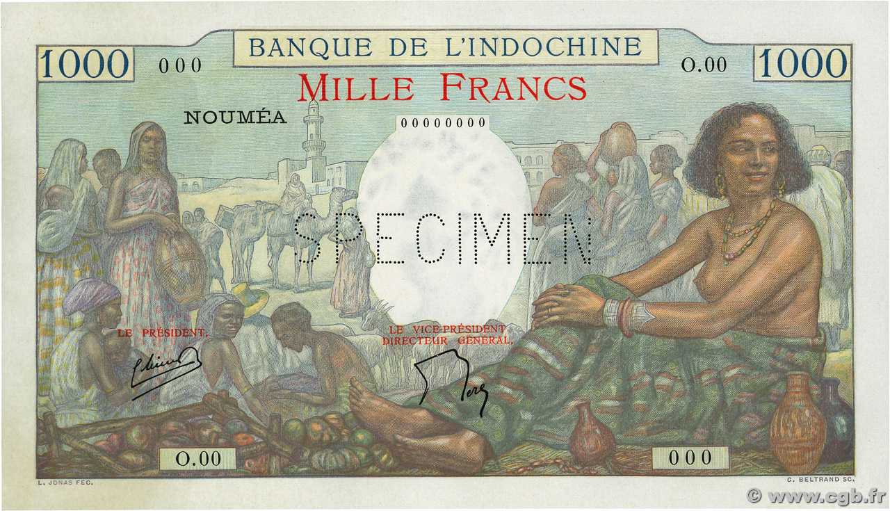 1000 Francs Spécimen NEW CALEDONIA  1958 P.43cs AU+