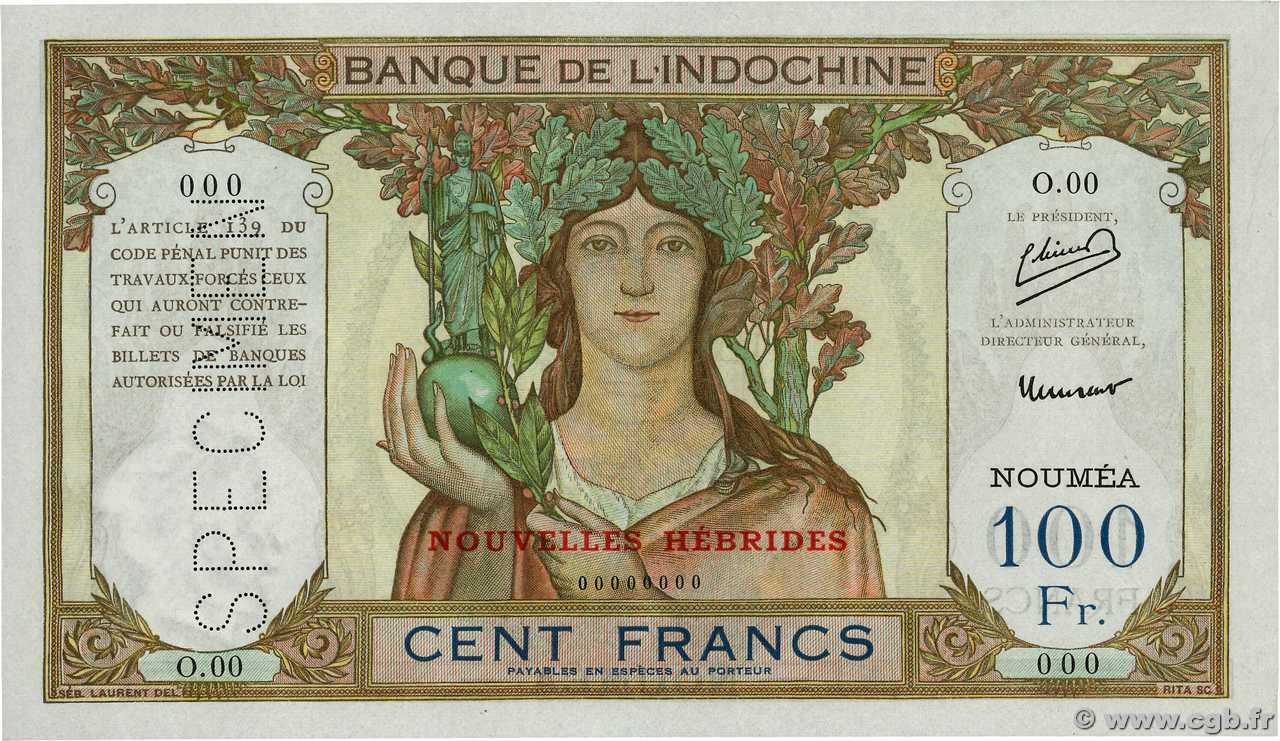 100 Francs Spécimen NEUE HEBRIDEN  1941 P.10s fST+