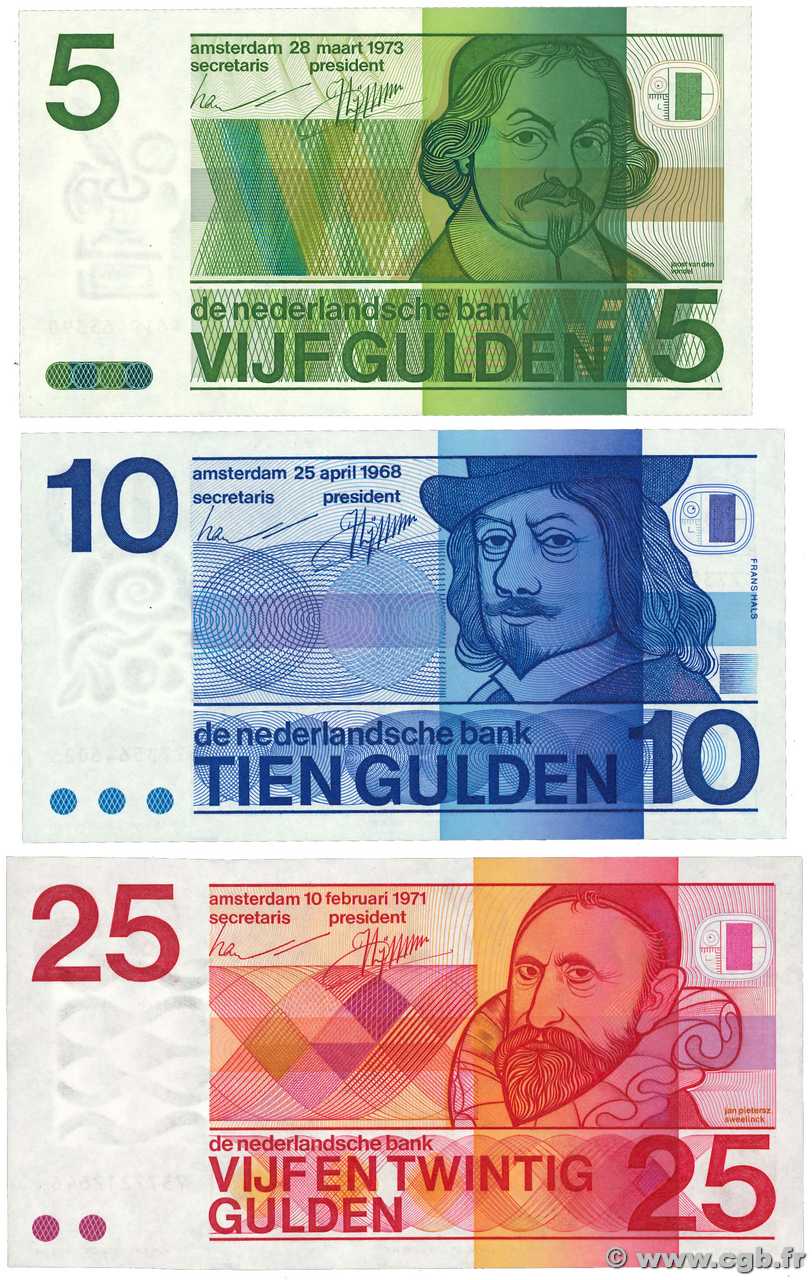 5, 10 et 25 Gulden Lot NIEDERLANDE  1968 P.091b, P.092a et P.095 fST+