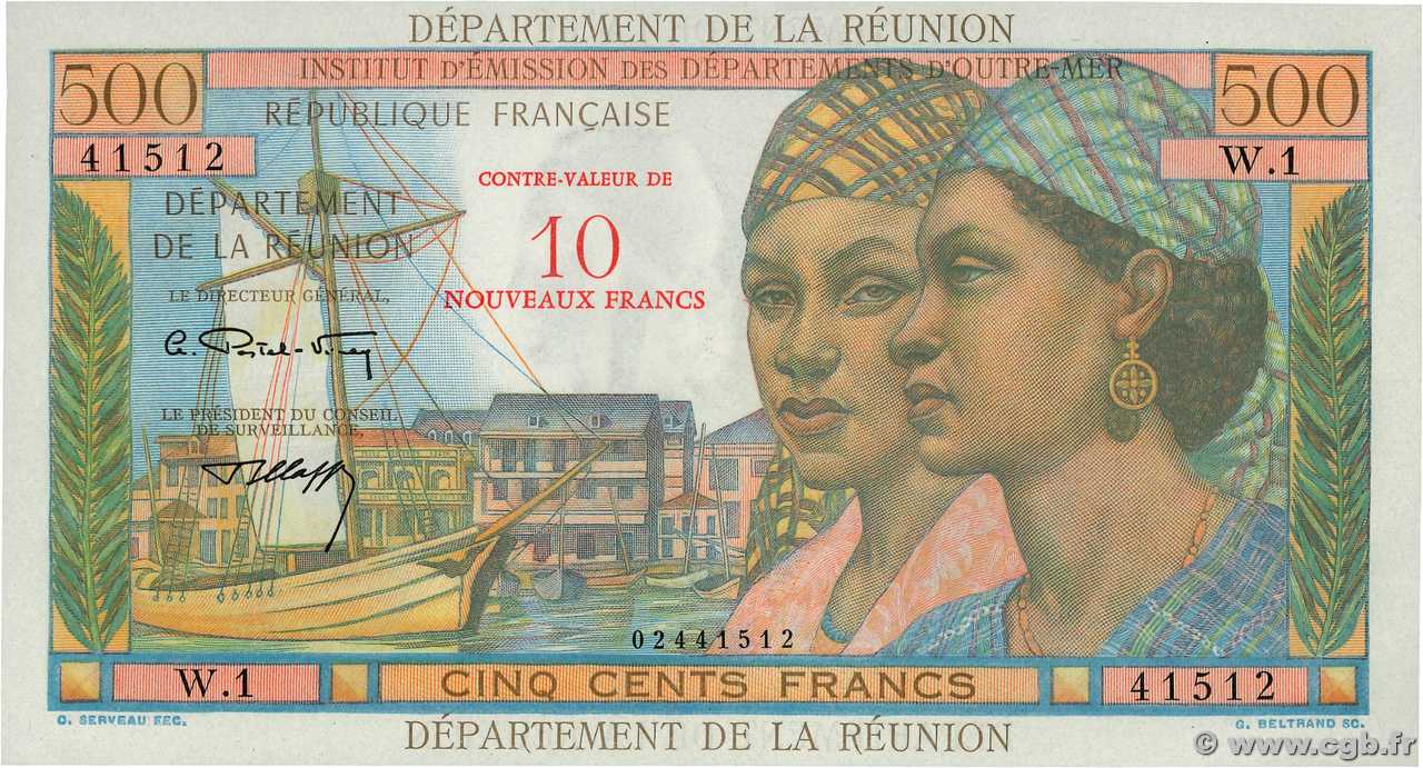 10 NF sur 500 Francs Pointe à Pitre ÎLE DE LA RÉUNION  1967 P.54b pr.NEUF