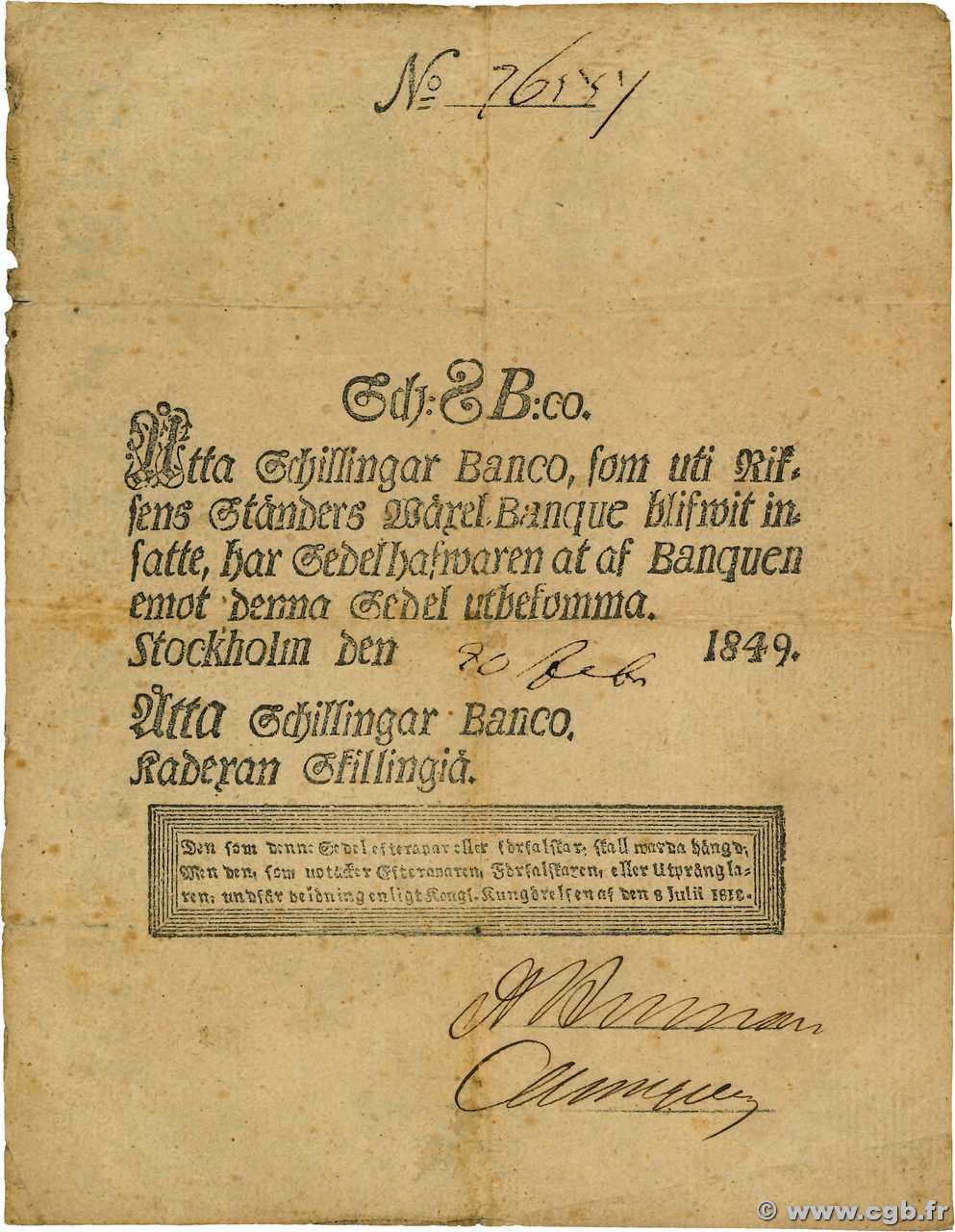 8 Schillingar Banco SWEDEN  1849 P.A100b F