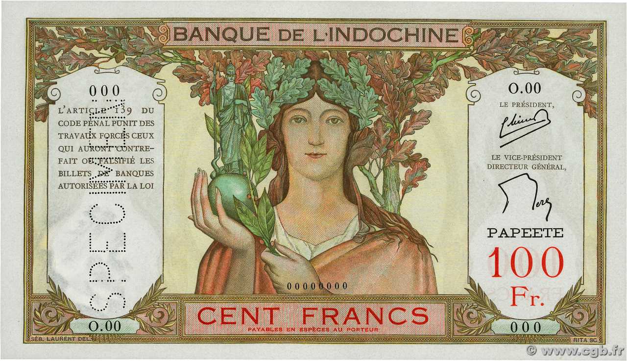100 Francs Spécimen TAHITI  1956 P.14cs NEUF
