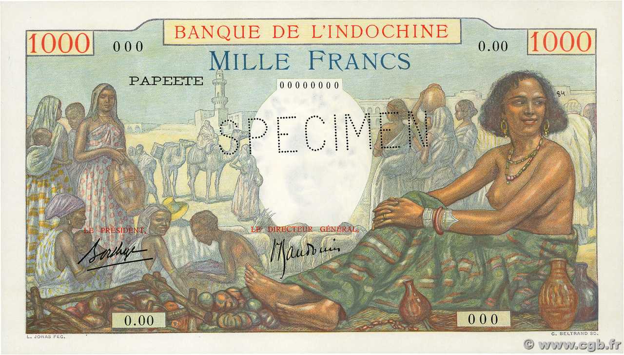 1000 Francs Spécimen TAHITI  1940 P.15as SC+