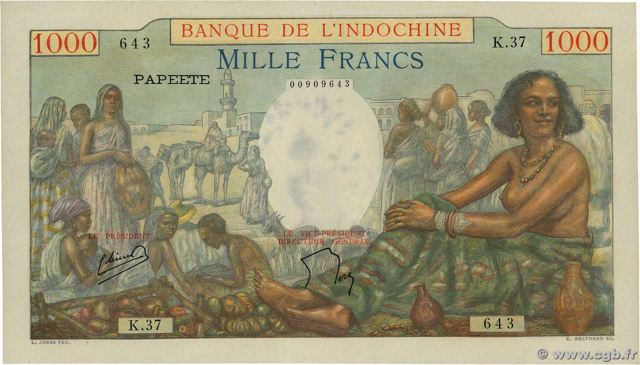 1000 Francs TAHITI  1953 P.15b AU+