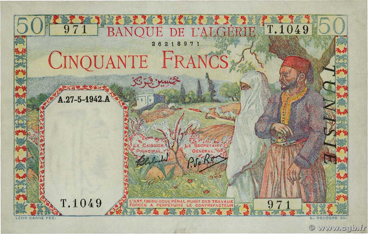 50 Francs TUNISIA  1942 P.12a AU-